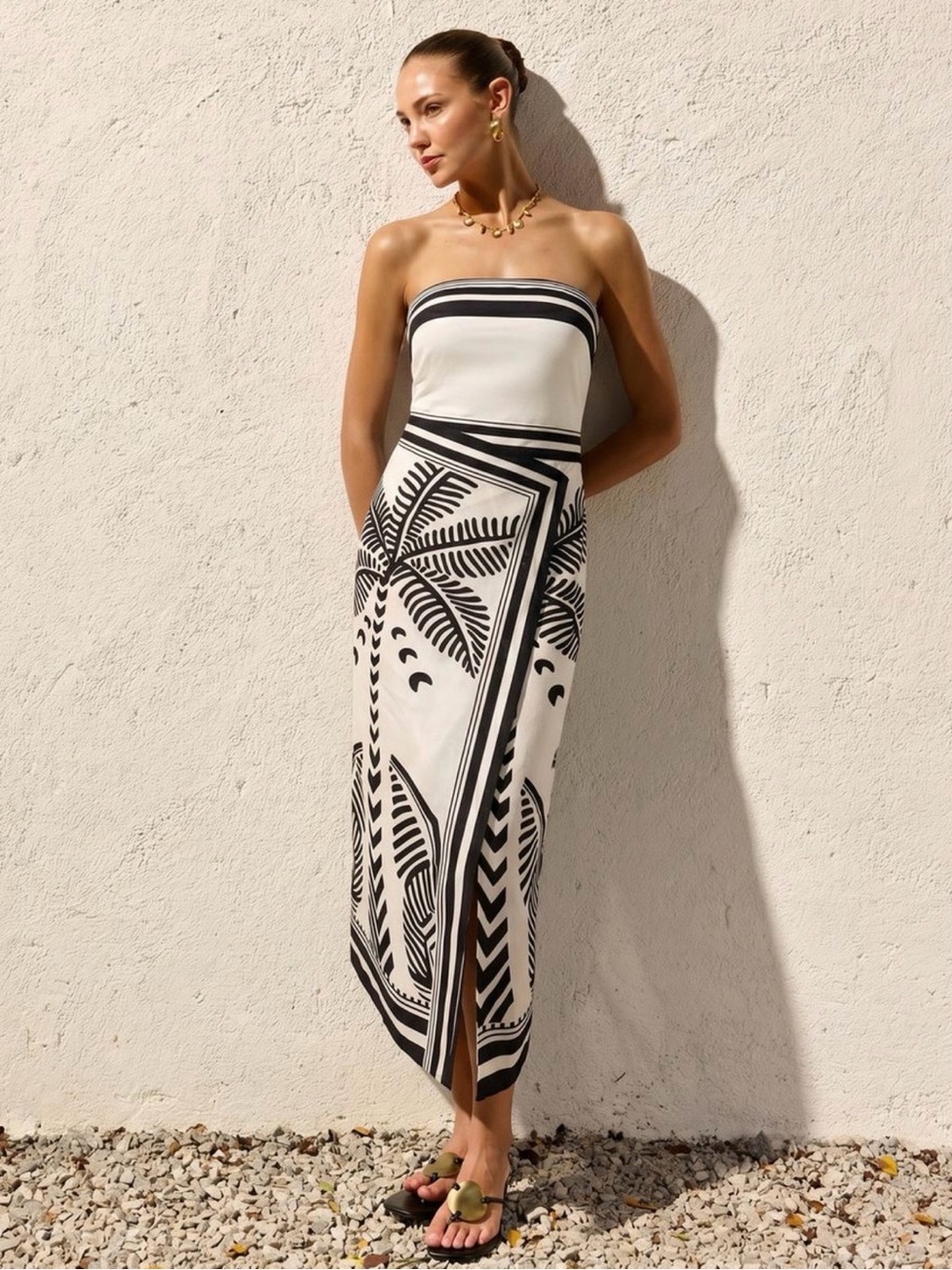 Commense Strapless Black and White Palm Tree-Print Maxi Dress